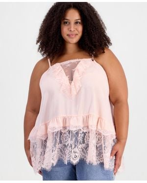 And Now This Plus Size Lace Trim Long Ruffle-trim Camisole - Pink