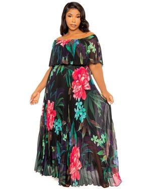 Buxom Couture Plus Size Floral Off Shoulder Pleated Maxi Dress - White