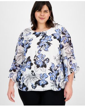 Kasper Plus Size Floral Ruffle-sleeve Blouse - Blue