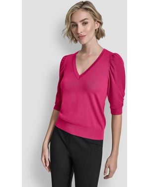 DKNY Puff-sleeve V-neck Sweater - Pink