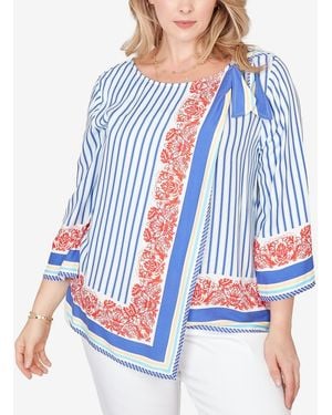 Ruby Rd. Plus Size Striped Scarf Print Tie Shoulder Top - Blue