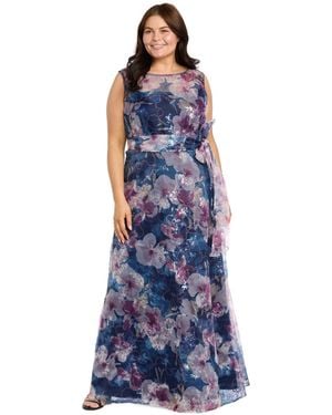 R & M Richards Plus Size Illusion Neckline Beaded Gown - Blue