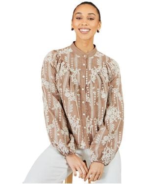 Yumi' Embroidered Floral Relaxed Shirt - Natural