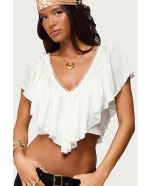 Edikted Deena Ruffled V Neck Top - White