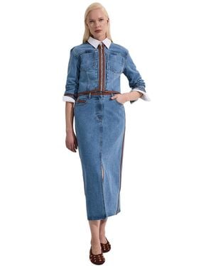 Karen Millen Denim & Leather Collarless Jacket - Blue