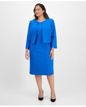 Le Suit Plus Size Open-front Collarless Jacket And Sheath Dress Suit Set - Blue