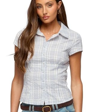 Edikted Naiah Plaid Tailored Button Up Shirt - Gray
