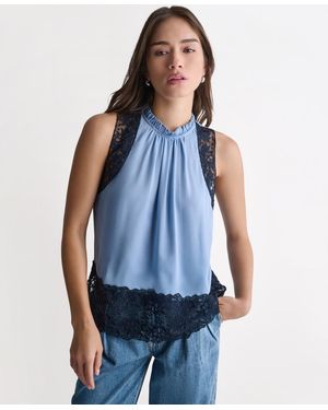 BCBGMAXAZRIA High-neck Sleeveless Lace Combo Woven Top - Blue