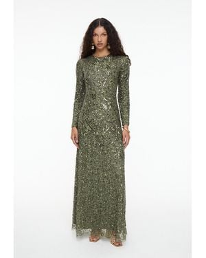 MARYISA Modest Embellished Sequin Beaded Maxi Dress - Green