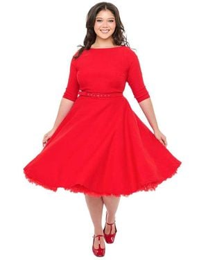 Unique Vintage Plus Size Three Quarter Sleeve Belted Devon Swing Dress - Red