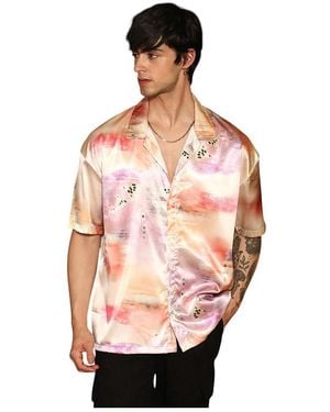 Campus Sutra Cantaloupe & Amethyst Purple Abstract Sheen Oversized Shirt - Pink