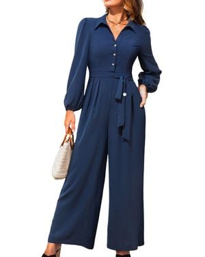 CUPSHE V-neck Button Front Belted Jumpsuit - Blue