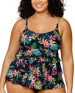 Island Escape Plus Size Printed Tiered Tankini Top - Blue