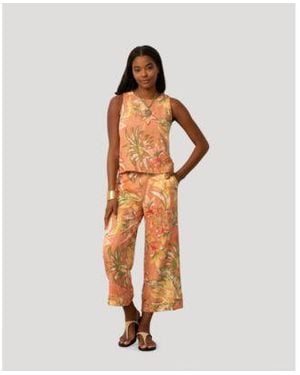 Cable & Gauge Printed Linen Blend Button Front Top Pull On Crop Pant - Multicolor