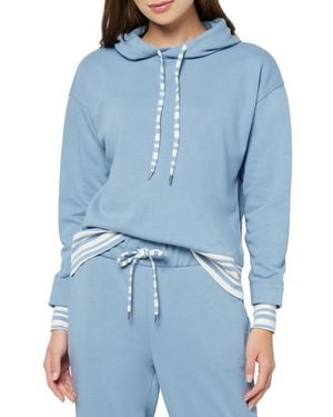 Three Dots Striped Trim Pullover Hoodie - Blue