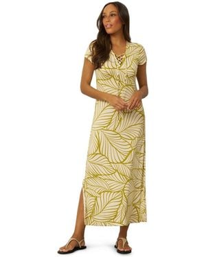 Cable & Gauge Lace Up V Neck Printed Maxi Dress - Metallic