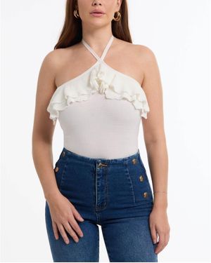 Bebe Halter Lurex Sweater Ruffle Top - Blue