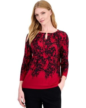 Kasper Petite Scoop-neck 3/4-sleeve Keyhole Blouse - Red
