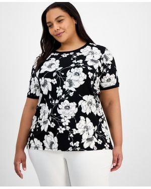Anne Klein Plus Size Printed Button-back Short-sleeve Top - Black