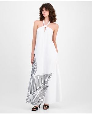 INC International Concepts Palm Embellished Halter Maxi Dress - White