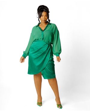 Buxom Couture Plus Size Chiffon Blouse And Wrapped Satin Skirt Set - Green
