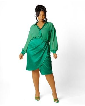 Buxom Couture Plus Size Chiffon Blouse And Wrapped Satin Skirt Set - Green