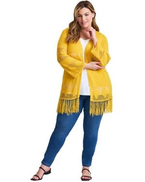 Avenue Plus Size Pointelle Fringe Cardigan - Yellow