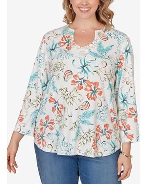 Ruby Rd. Plus Size Embellished Oceania Floral Knit Top - White