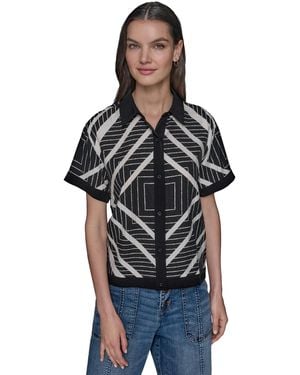 売れ筋商品|||カールラガーフェルド カットソー トップス レディース Women's Geometric-Print Short Sleeve Button-Front Top Black & Soft White Karl Lagerfeld Short-sleeve tops for Women | Online Sale up