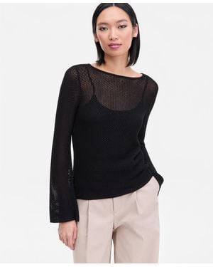 INC International Concepts Long Sleeve Open-knit Overlay Sweater - Black