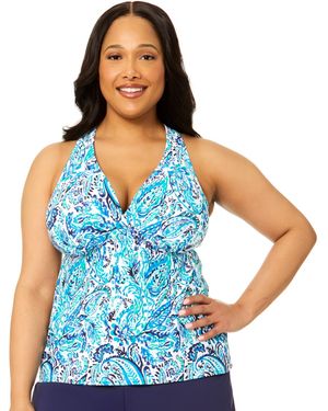 Island Escape Plus Size H-back V-neck Underwire Tankini Top - Blue
