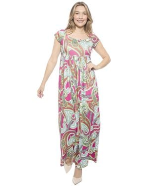 24seven Comfort Apparel Paisley Square Neck Cap Sleeve Pleated A-line Maxi Dress - White