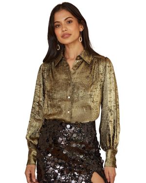Yumi' Metallic Relaxed Balloon Sleeve Shirt - Green