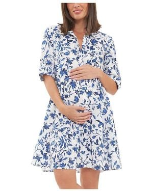 Ripe Maternity Bella Button Through Linen Dress White/lapis - Blue