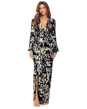 Betsy & Adam Floral Long-sleeve Gown - White