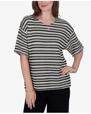Ruby Rd. Petite Textured Stripe Fringe Sleeve T-shirt - Gray