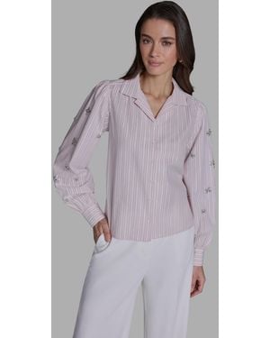 BCBGMAXAZRIA Collared Striped Embellished-sleeve Shirt - Purple