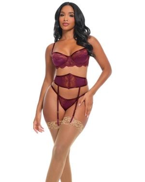 Oh La La Cheri Bonnie Satin And Lace 3-piece Bra Set - Red