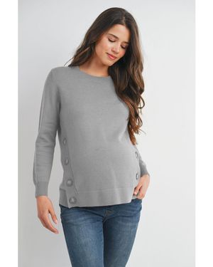 Hello Miss Maternity Crew Neck Side Button Knit Nursing Friendly Sweater - Gray