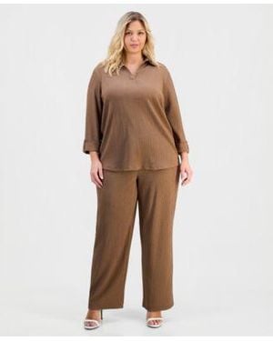 Anne Klein Essentials Ak Anne Klein Spread Collar Knit Top Pull On Wide Leg Pants - Brown