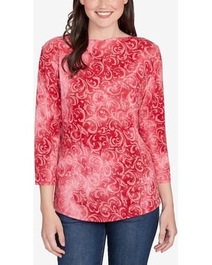 Ruby Rd. Petite Tie Dye Scroll Floral Hatchi Top - Red