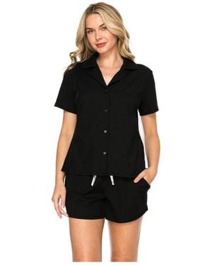 Badgley Mischka Yummy Jersey Rib Notched Collar Button Up Top And Short Pj Set - Black