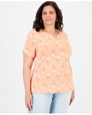 Style & Co. Plus Size Printed Short-sleeve Henley Top - Orange