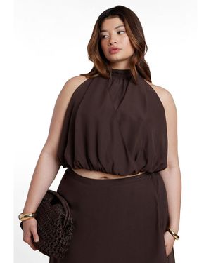 Eloquii Plus Size High Neck Bubble Top - Brown
