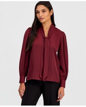 Tahari Tie-neck Long-sleeve Blouse - Red