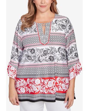 Ruby Rd. Plus Size Tropical Stripe Puff Print Top - Red