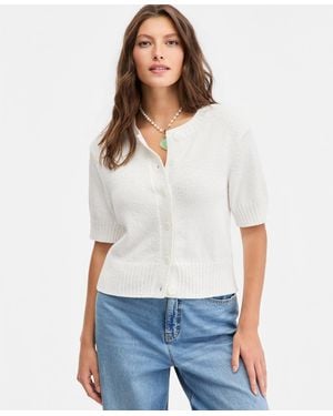 On 34th Crewneck Short-sleeve Textured Button-front Cardigan - White