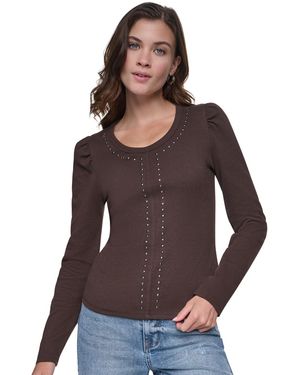 DKNY Scoop Neck Long-puff Sleeve Rhinestud Cotton-blend Top - Brown