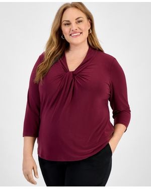 Kasper Plus Size Twist-neck 3/4-sleeve Top - Red