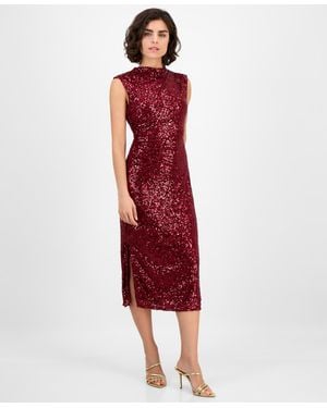 Anne Klein Drape-neck Sleeveless Sequin Dress - Red